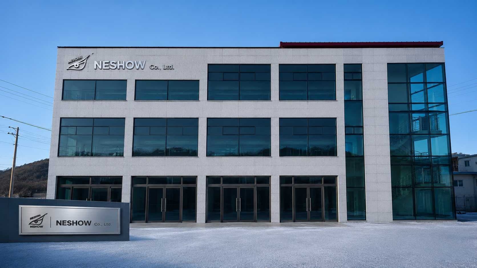 (주)네쇼 사옥 외관 — NESHOW Co., Ltd. MOLD PARTNER 사인